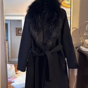 Zara Black Trench Coat with Fur Collar and Belt